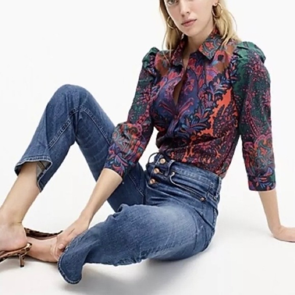 J. Crew Puff Sleeve Ratti Print Button Down Shirt Paisley Scarf Blouse Top Sz 4 - Picture 1 of 8